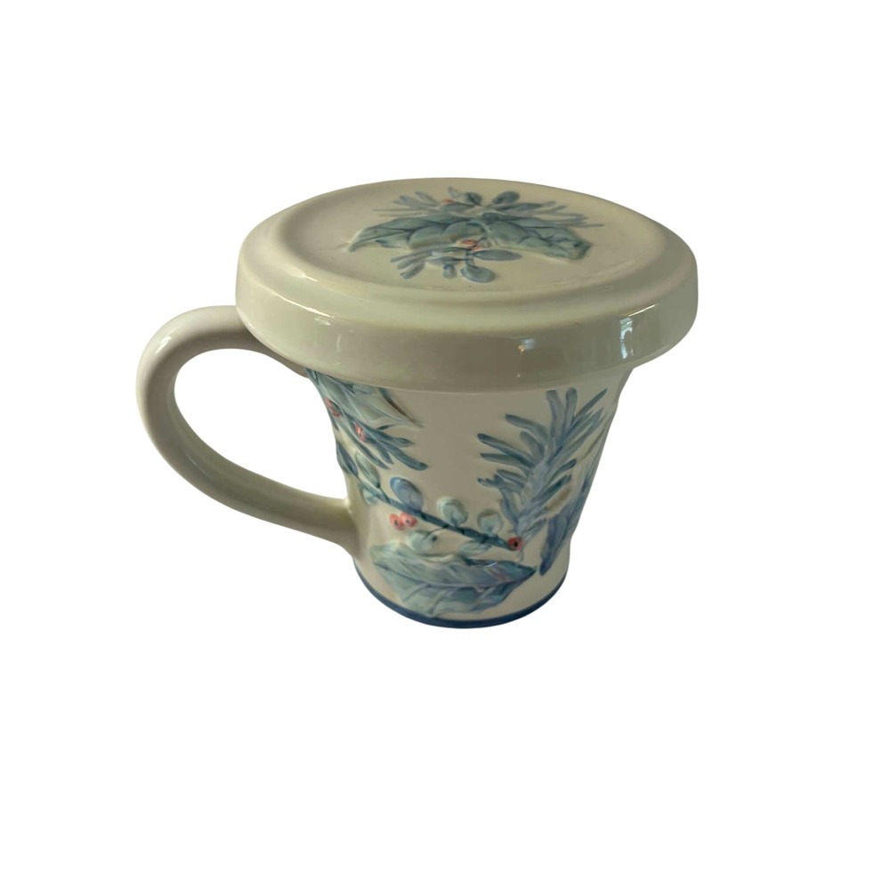 Pfaltzgraff Lidded Coffee Mug Blue Botanical Leaf Ceramic Tea Cup Cottagecore